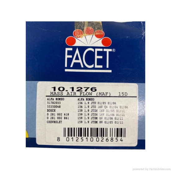 Debitmetru aer 1.9 Diesel LANCIA MUSA (350_) [ 2004 - 2012 ], FIAT IDEA (350_) [ 2003 - > ], CHEVROLET LACETTI (J200) [ 2003 - > ], ALFA ROMEO 159 (939_) [ 2005 - 2012 ], ALFA ROMEO 156 (932_) [ 1997 - 2005 ] FACET 10.1276